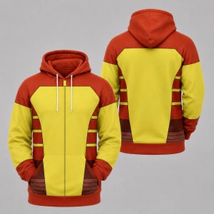 May include: A yellow, red, and brown hooded sweatshirt. The front has a yellow central panel with red accents and a front pocket. The back is also yellow with red and brown details. The hood is red.