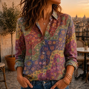 Camicetta vintage con motivo floreale e artistico, camicia boho da donna, camicia a maniche lunghe con grafica girasoli e pace, camicetta floreale colorata