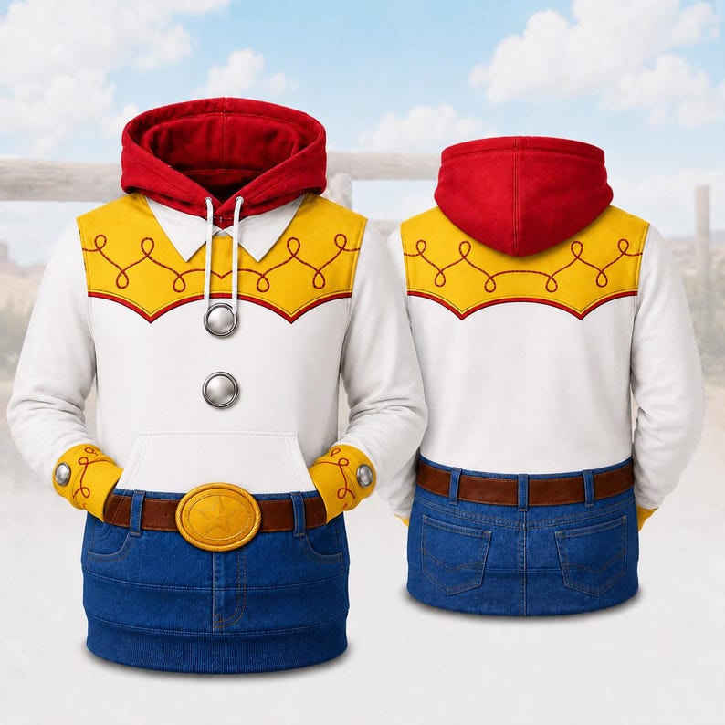May include: A long-sleeve hoodie featuring a red hood, a white torso with a yellow western-style yoke pattern, two silver buttons, and a blue denim-print bottom section with a brown belt and a gold star-shaped buckle on the front and back.