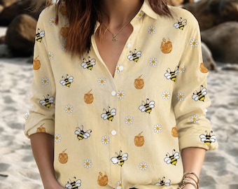 Honey Bee Blouses Shirt, Animal Lover Women Blouse, Bee Tropical Shirt, Bumblebees Button Shirt, Botanical Hawaii Shirt