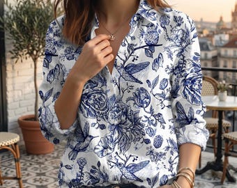 Blue Bird Floral Blouse Shirt, Toile Print Button Up Blouse, Cottagecore Beach Shirt, Hummingbird Boho Top, Coastal Summer Shirt