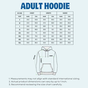 May include: White background with the text "ADULT HOODIE" in blue. A size chart shows chest, length, and sleeve measurements in inches and centimeters for sizes S to 5XL. A hoodie outline illustrates the measurement points.