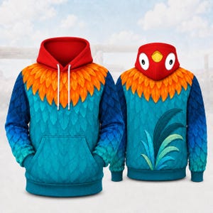 May include: A long-sleeve hooded sweatshirt featuring a vibrant parrot-inspired design. The garment displays a blue feather pattern on the body and sleeves, an orange feather chest detail, and a red hood with white drawstrings and bird eyes.