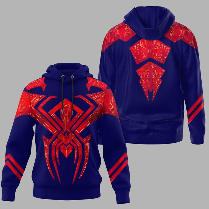 May include: A navy blue hooded sweatshirt with a red and gold spider-web design on the front and back. The design includes a large spider emblem on the chest and geometric shapes on the shoulders and sleeves.