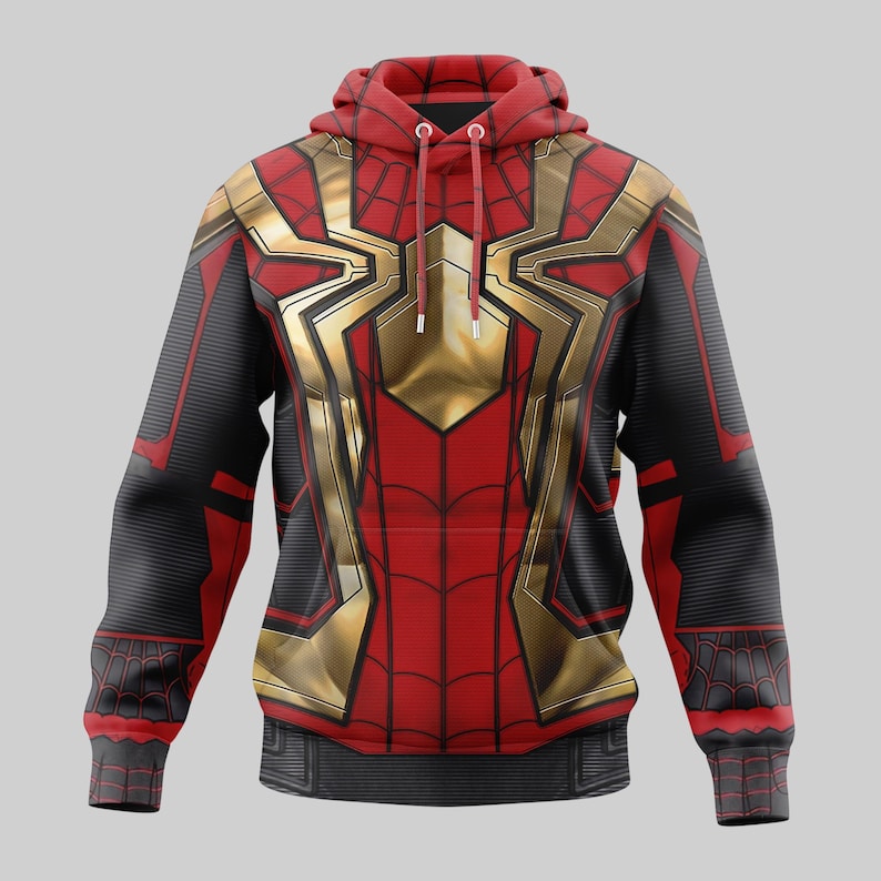 May include: Red, black, and gold hoodie with a superhero design. The front features a gold spider emblem on a red background, with black sleeves and a red hood. The design is detailed with textured patterns.