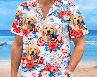 Personalized Photo Aloha Shirt, Custom Cute Pet Face Hawaiian Shirt, USA Flag America Shirt, 4th July Gifts