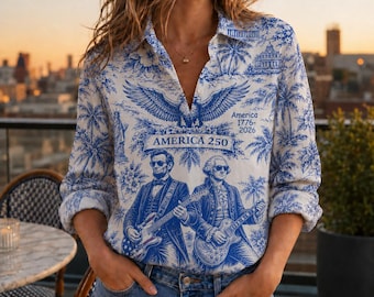 Camicia per il 250° anniversario degli Stati Uniti, con George Washington e Lincoln che suonano la chitarra, ideale come regalo per il Giorno dell'Indipendenza.