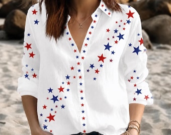 Camisa de mujer con botones y la bandera de EE. UU., blusa patriótica informal para el 4 de julio, top rojo, blanco y azul con los colores de Estados Unidos, conjunto de verano para el Día de la Independencia.