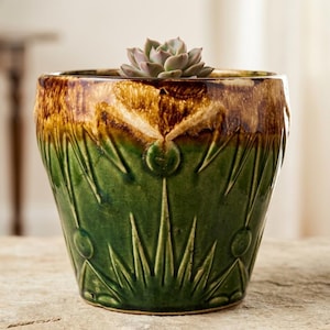 May include: A decorative ceramic planter with a green and brown glaze, featuring a textured design of vertical lines and circular accents. The planter holds a small succulent plant with pale green leaves. The pot is approximately 6 inches in diameter.