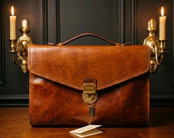 Vintage Italian Leather Briefcase by Scandiano Cognac Brown Leather Satchel Vero Cuoio Messenger Bag with Tags