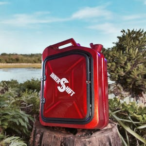 Peut inclure: Un conteneur rouge à finition métallique avec une poignée et une porte à charnière. Le texte "INNER SHIFT" est affiché en blanc sur le devant. Le conteneur est posé sur une souche d'arbre devant un lac et de la verdure.