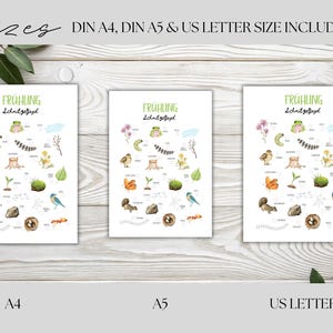 May include: Three white posters with the word "FR&Uuml;HLING" and "Schnitzeljagd" printed on them. Each poster features watercolor illustrations of spring-themed elements like flowers, insects, and birds. The sizes included are DIN A4, DIN A5, and US Letter.