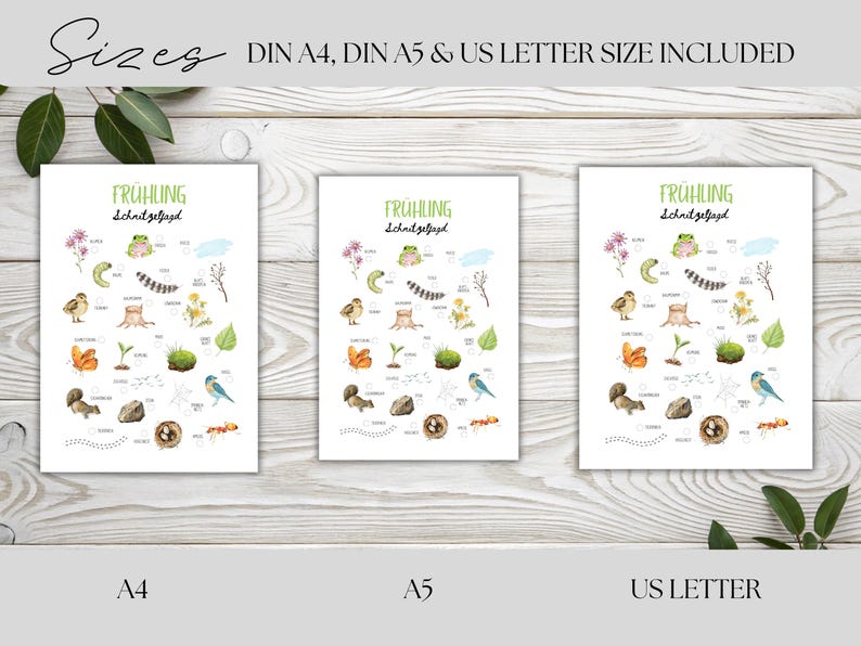 May include: Three white posters with the word "FR&Uuml;HLING" and "Schnitzeljagd" printed on them. Each poster features watercolor illustrations of spring-themed elements like flowers, insects, and birds. The sizes included are DIN A4, DIN A5, and US Letter.