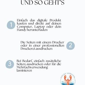 May include: A light blue and white graphic with the text "UND SO GEHT'S" at the top. The image provides instructions on how to download and print a digital product. A logo with a red lobster is at the bottom.