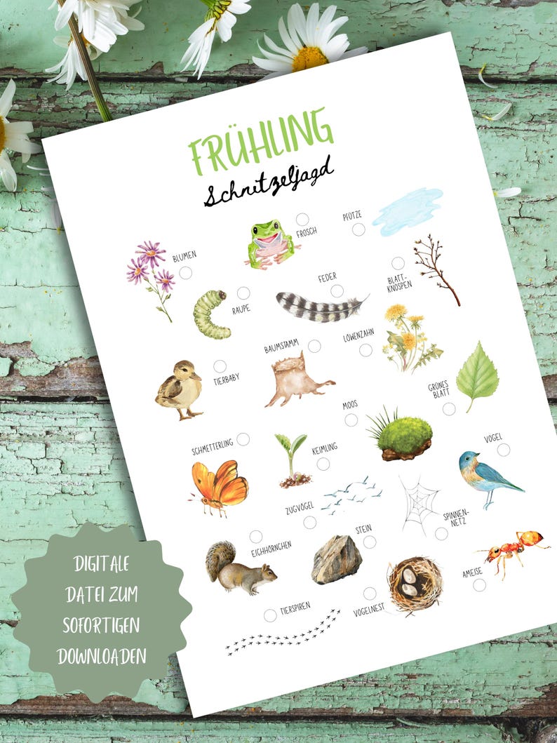 May include: A white paper with the words "FR&Uuml;HLING Schnitzeljagd" in green, featuring watercolor illustrations of flowers, a frog, a caterpillar, a feather, a butterfly, a squirrel, and other nature elements. The text "DIGITALE DATEI ZUM SOFORTIGEN DOWNLOADEN" is also present.