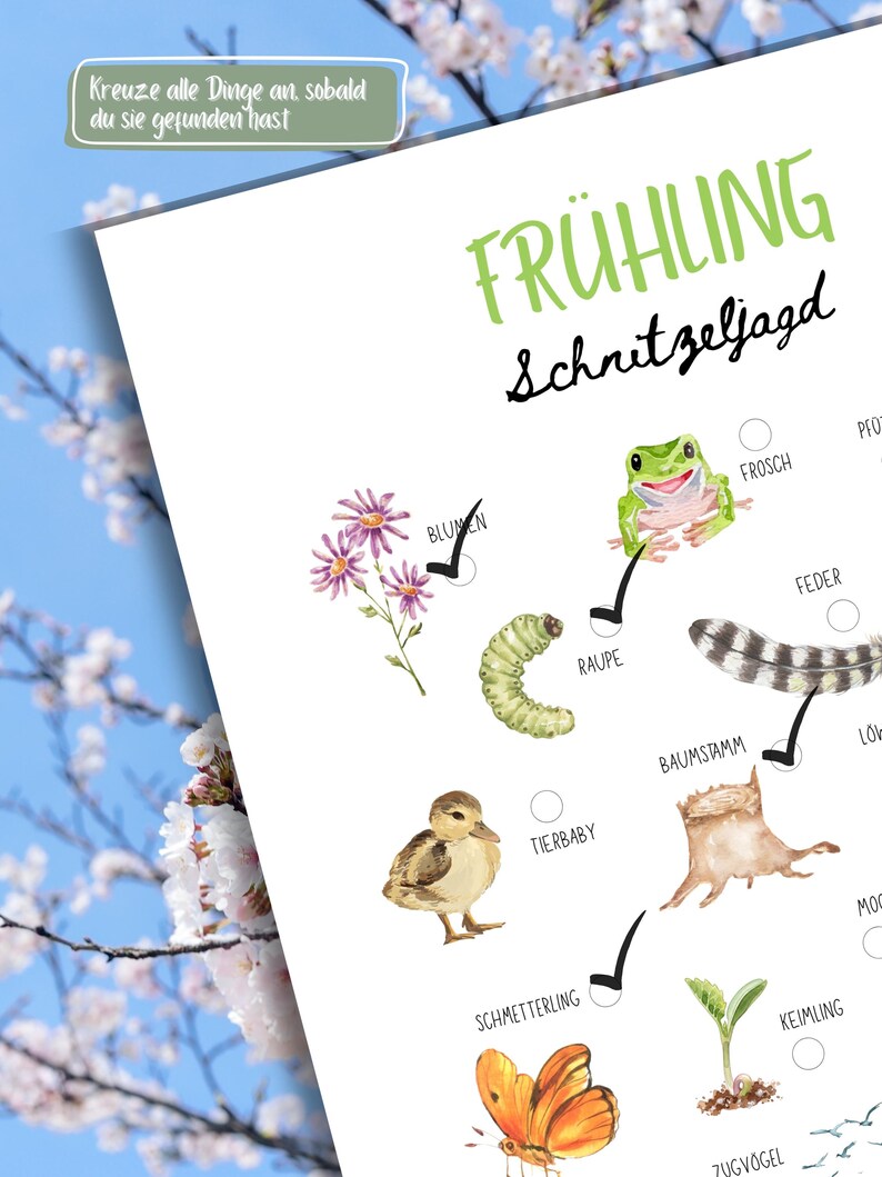May include: A white paper with the word "FR&Uuml;HLING" in green and "Schnitzeljagd" in black. The paper has illustrations of a flower, frog, caterpillar, duckling, butterfly, feather, tree stump, and sprout.