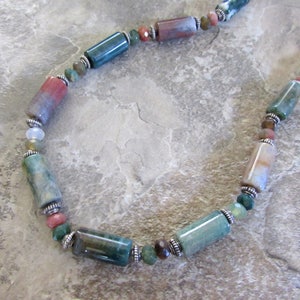 Mens or Womens Indian Agate Necklace in Sterling Silver, Unisex