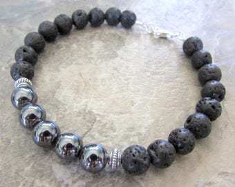 Mens Hematite and Lava Bracelet in Sterling Silver with Silver Bali Beads