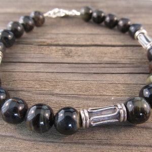 Pillars of Hercules - Mens Blue Tiger Eye & Black Onyx Bracelet in Sterling Silver with Silver Bali Beads
