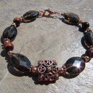 Red Tigers Eye Bracelet with Smoky Quartz In Copper with Handcrafted Copper Bali Bead image 4