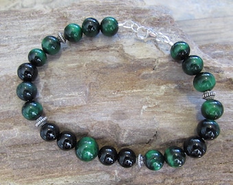 Mens Black Onyx and Green Tigers Eye Bracelet in Sterling Silver with Silver Bali Beads