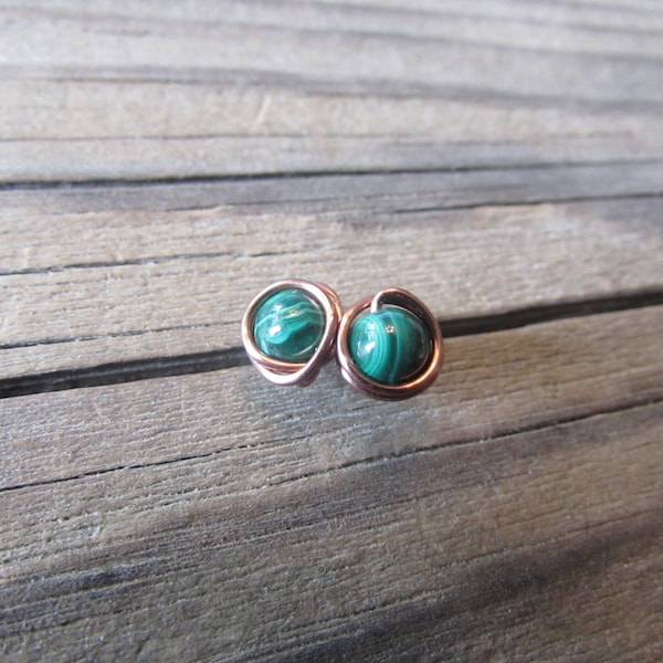 Malachite Post Stud Earrings in Antiqued Copper, Wire Wrapped, Dark Green, Artisan Copper Earrings