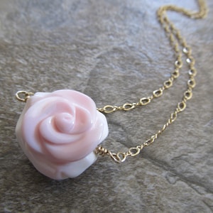 Pink Conch Shell Flower Pendant Station Necklace in Gold Fill