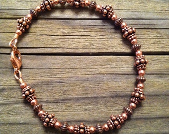 Beaded All Copper Bracelet or Anklet in Antiqued Copper with Handmade Beads, Artisan