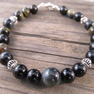 Mens Black Onyx and Blue Tigers Eye Bracelet in Sterling Silver with Silver Bali Beads
