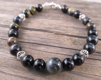 Mens Black Onyx and Blue Tigers Eye Bracelet in Sterling Silver with Silver Bali Beads