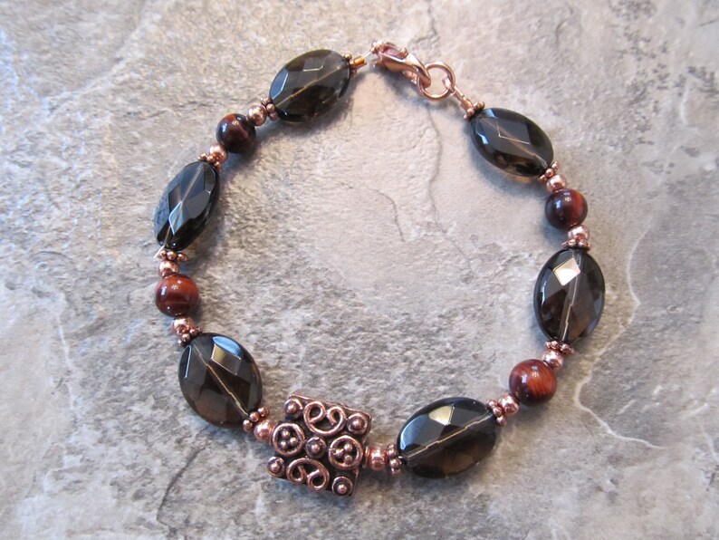 Red Tigers Eye Bracelet with Smoky Quartz In Copper with Handcrafted Copper Bali Bead image 3