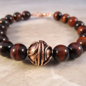 Mens Red Tigers Eye Bracelet in Antiqued Copper with Handmade Bali Bead