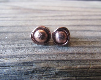 Antiqued Copper Post Stud Earrings, Wire Wrapped, Artisan Copper Earrings