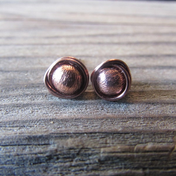 Antiqued Copper Post Stud Earrings, Wire Wrapped, Artisan Copper Earrings