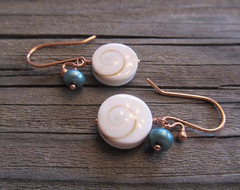 Shiva Shell Earrings with Freshwater Pearls in Antiqued Copper