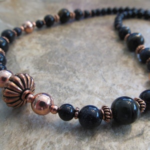 Blue Goldstone Necklace with Blue Tiger Eye and Antiqued Copper with Handmade Bali Beads