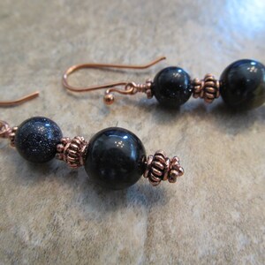 Blue Tiger Eye Earrings with Blue Goldstone and Antiqued Copper with Handmade Bali Beads