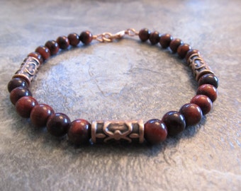 Mens Red Tigers Eye Bracelet in Antiqued Copper