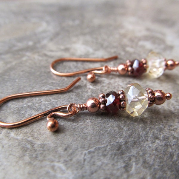 Citrine and Garnet Earrings in Antiqued Copper, Tequila Sunrise