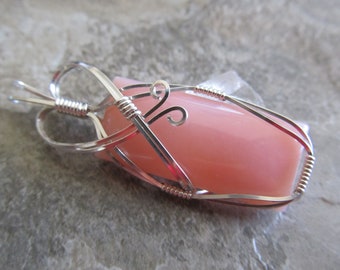 Wire Wrapped Pendant Pink Opal & Sterling Silver Wire Large Bail - One of a Kind - Wirewrapped Wire-Wrapped