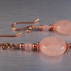 Rose Quartz Earrings in Copper, Steampunk, Victorian Style, Soft and Feminine