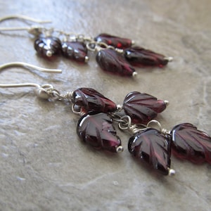 Garnet Earrings, Cascading Hand Carved Leaves in Sterling Silver