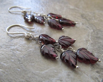 Garnet Earrings, Cascading Hand Carved Leaves in Sterling Silver