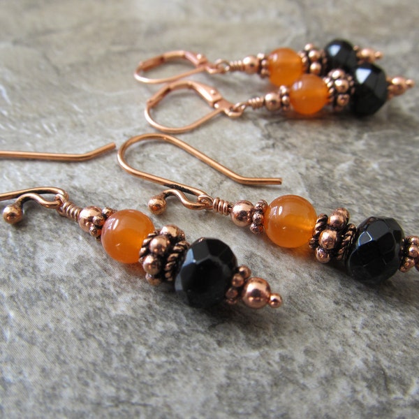 Halloween Earrings, Black Onyx & Orange Jade in Copper, Your Choice of French Style Ear Wires or Leverbacks