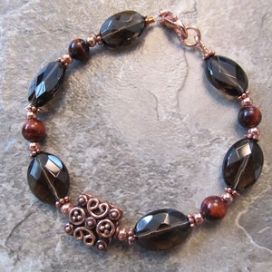 Red Tigers Eye Bracelet with Smoky Quartz In Copper with Handcrafted Copper Bali Bead image 1