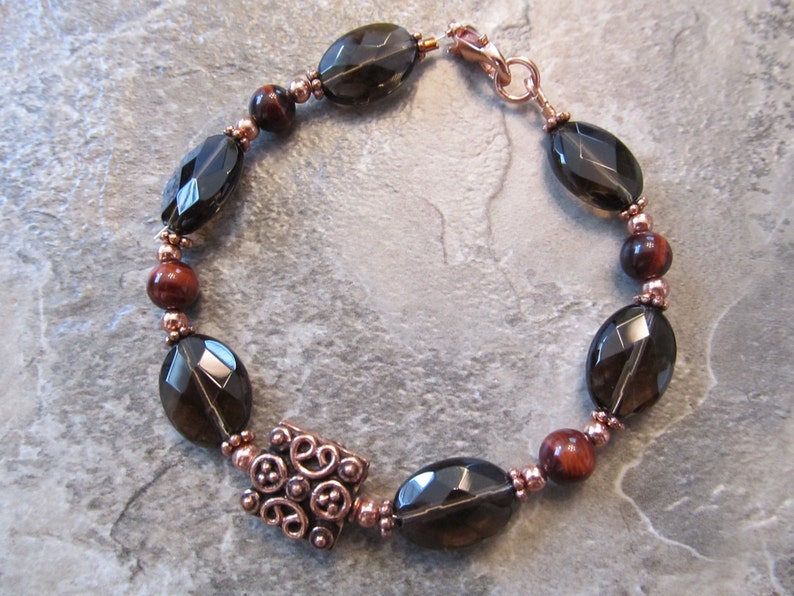 Red Tigers Eye Bracelet with Smoky Quartz In Copper with Handcrafted Copper Bali Bead image 1