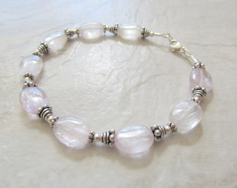 Pink Kunzite Ovals & Sterling Silver Bali Bead Bracelet