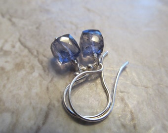 Iolite Faceted Cube Earrings in Sterling Silver or Gold Filled, 1" Long, Water Sapphire
