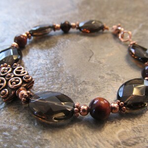 Red Tigers Eye Bracelet with Smoky Quartz In Copper with Handcrafted Copper Bali Bead image 2