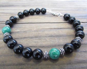 Mens Black Onyx and Malachite Bracelet in Sterling Silver with Silver Bali Beads